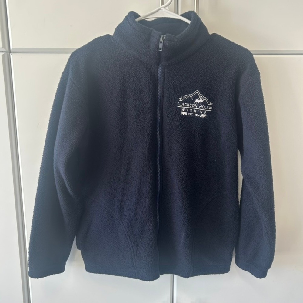 Tipsy Jackson Hole Wyoming Fleece Jacket Navy Blue Full Zip Sherpa Mens XL USA